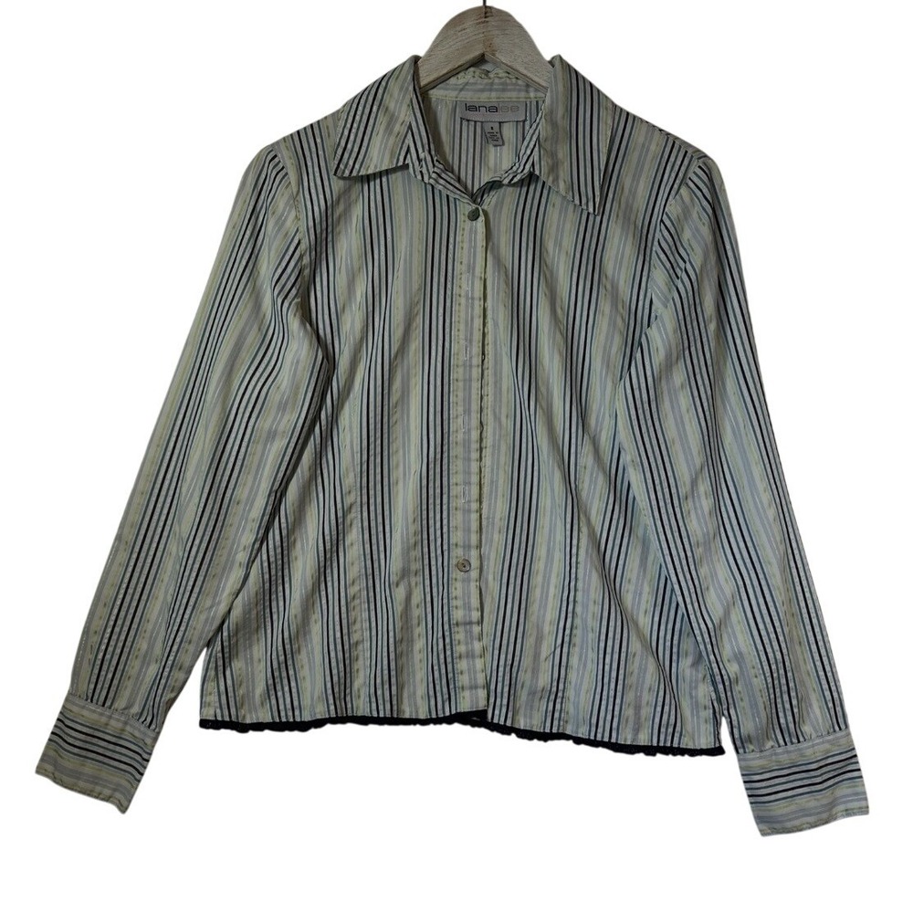 Y2k Lana Lee Striped Button‎ Down Shirt Womens 8 Blue Green White Lace Trim